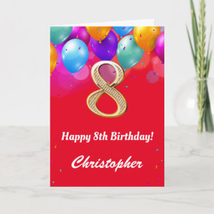8th Birthday Red and Gold Colourful Balloons Card