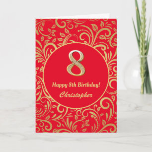 8th Birthday Red and Gold Floral Pattern Card
