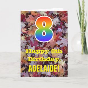 8th Birthday; Rustic Autumn Leaves; Rainbow "8" Card