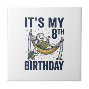 8th Birthday Turtle Hammock Vintage Engraving Desi Tile