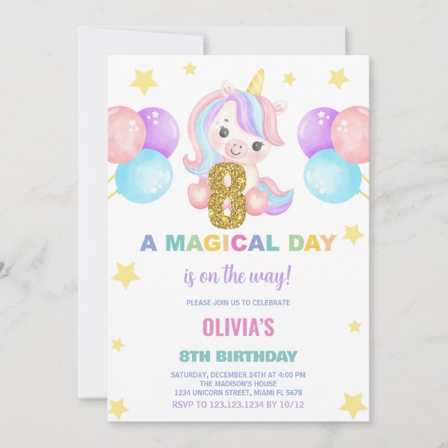8th Birthday Unicorn Birthday Invitations (Front)