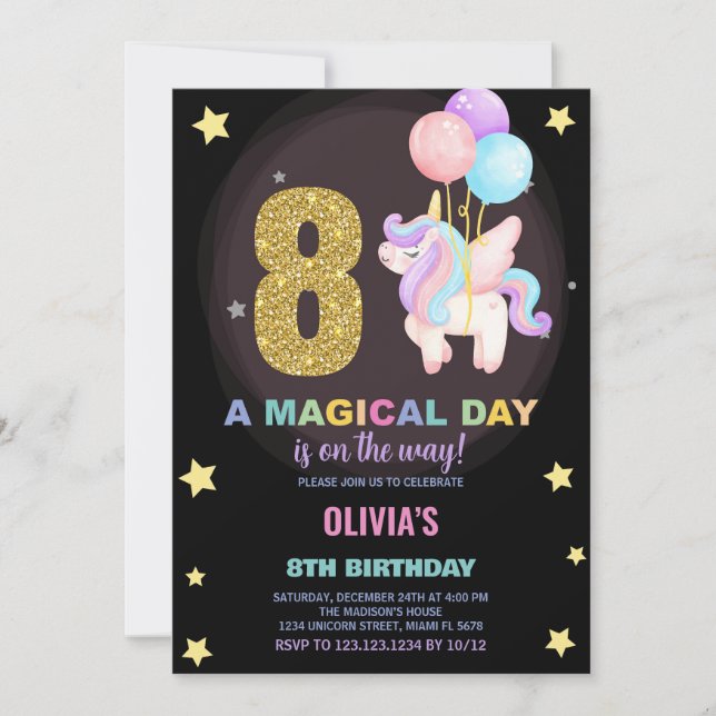 8th Birthday Unicorn Birthday Invitations (Front)