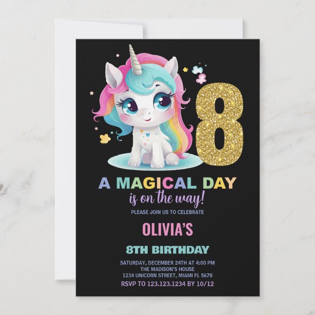 8th Birthday Unicorn Birthday Invitations (Front)