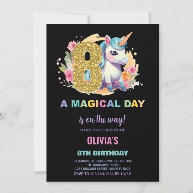 8th Birthday Unicorn Birthday Invitations (Front)