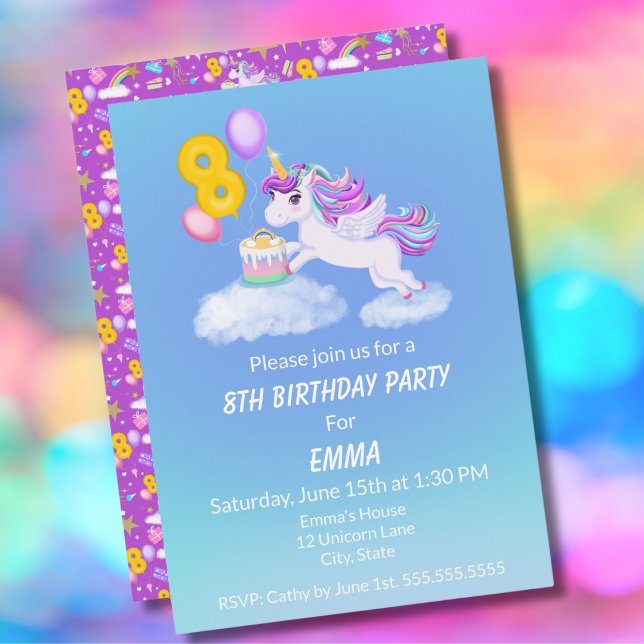 8th Birthday Unicorn With Cake Invitation (Creator Uploaded)