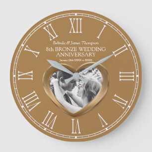 8th Bronze wedding anniversary custom photo heart Large Clock