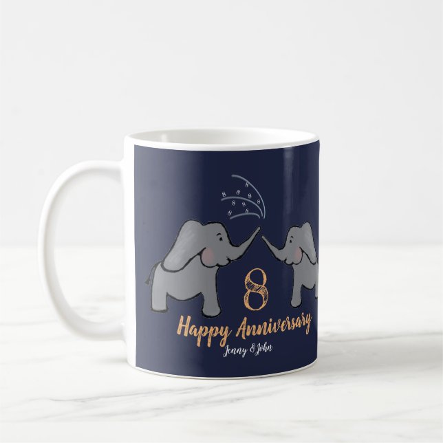 8th bronze wedding anniversary elephant navy coffee mug (Left)