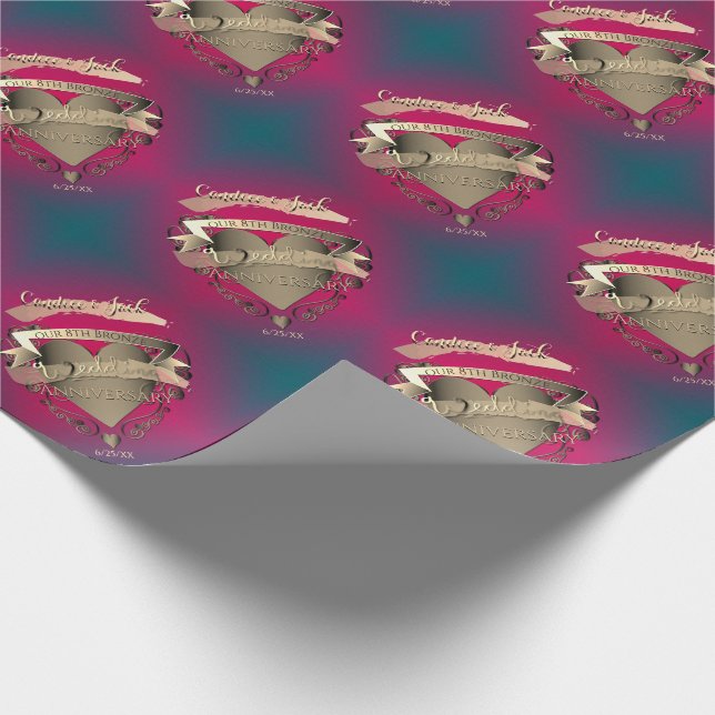 8th Bronze Wedding Anniversary Heart Emblem Wrapping Paper (Corner)