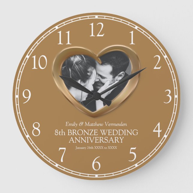 8th Bronze wedding anniversary photo heart numbers Large Clock (Front)
