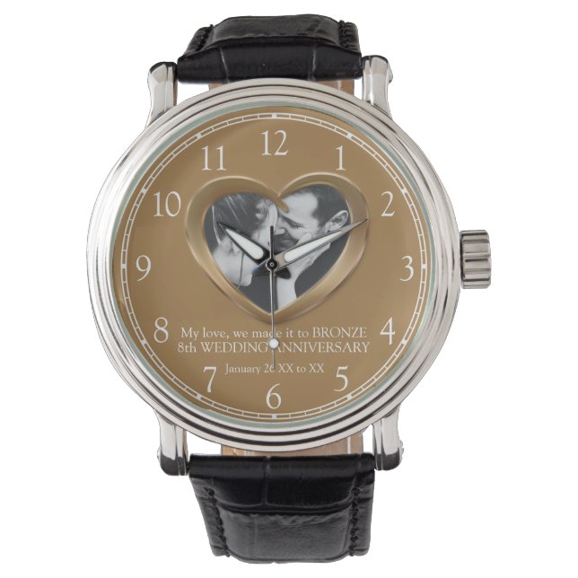8th Bronze wedding anniversary photo heart numbers Watch (Front)