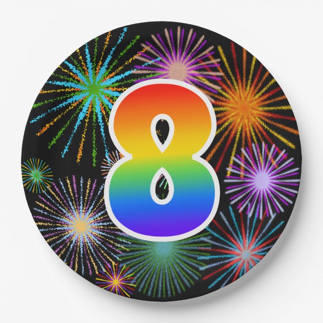 8th Event - Fun, Colourful, Bold, Rainbow 8 Paper Plate (Front)