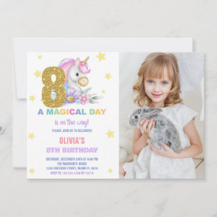 8th Floral Unicorn Birthday Invitations with Photo