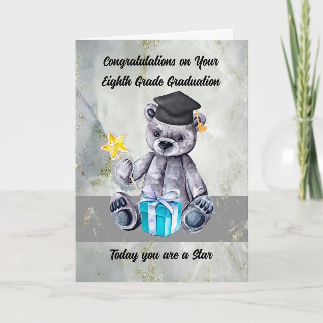 8th Grade Graduation with Stuffed Bear Wearing Cap Card (Front)