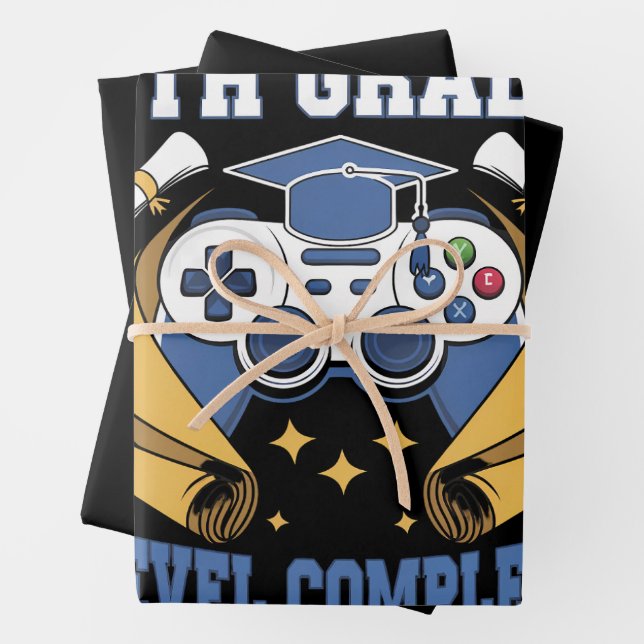 8th Grade Level Complete Gaming Gamer Graduation Wrapping Paper Sheet (In situ)