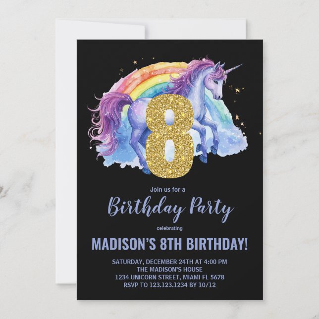 8th Rainbow Unicorn Birthday Invitations (Front)