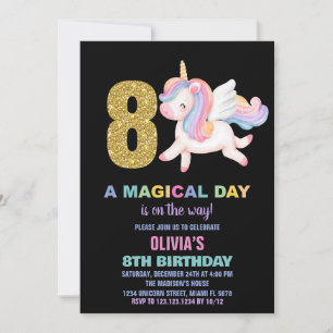 8th Rainbow Unicorn Birthday Invitations Black
