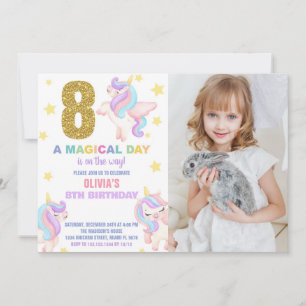 8th Rainbow Unicorn Birthday Invitations w photo