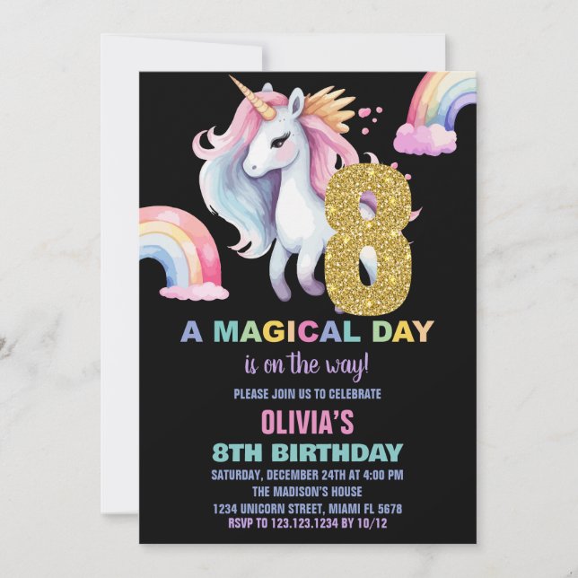 8th Rainbow Unicorn Birthday Invitations watercolo (Front)