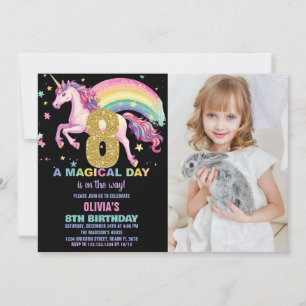 8th Unicorn Birthday Invitations Black with photo