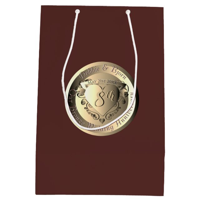 8th Wedding Anniversary Bronze Heart Medallion Medium Gift Bag (Back)