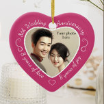 8th Wedding Anniversary Photo Ceramic Ornament<br><div class="desc">Celebrate a 8th happy year of marriage with a custom photo ornament in a delightful heart shape frame. Simply upload your own photo of the married couple and it will appear in the cutout. The deep pink surround features a white script font and decorations. The words are: 8th Wedding Anniversary...</div>
