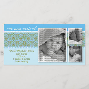 8x4 Blue Baroque 3-Photo Birth Announcement