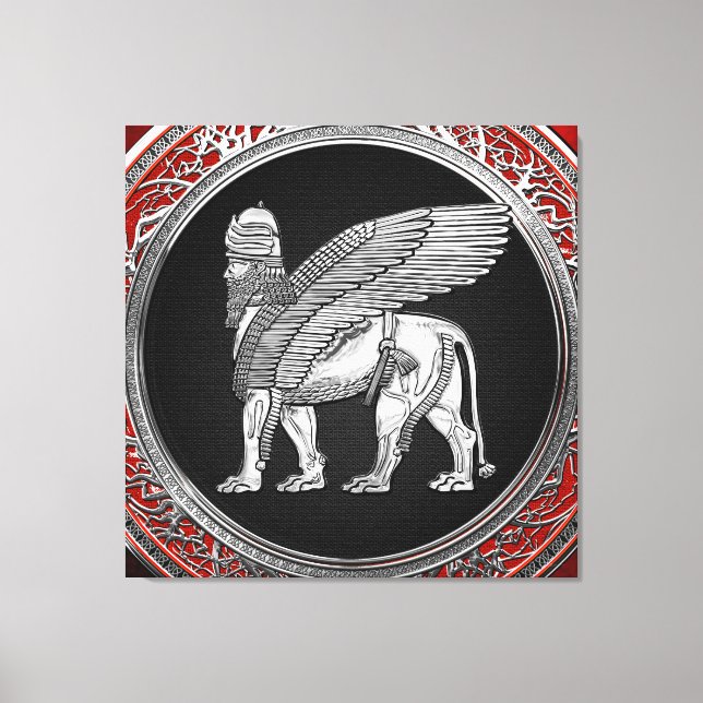 [900] Assyrian Winged Lion - Silver Lamassu Canvas Print (Front)