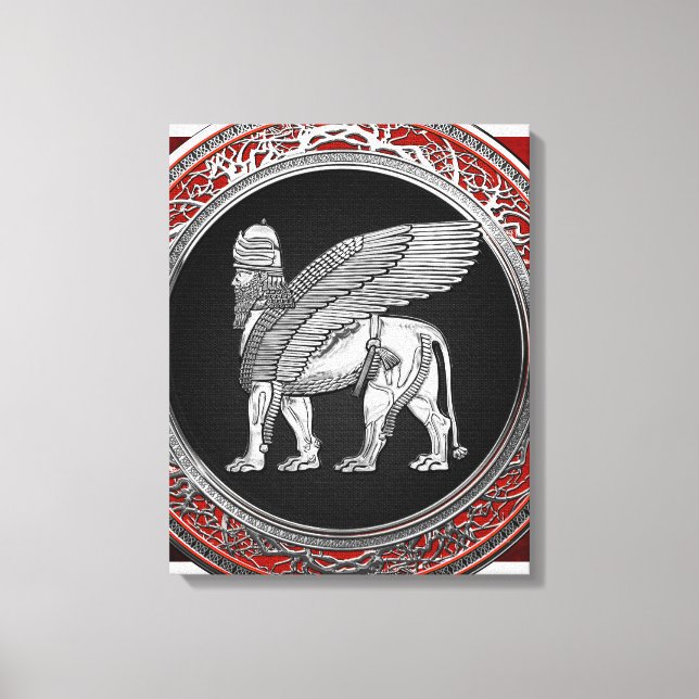 [900] Assyrian Winged Lion - Silver Lamassu Canvas Print (Front)