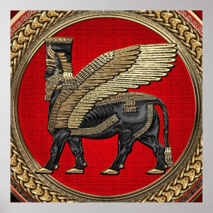 [901] Assyrian Winged Bull: Gold and Black Lamassu Poster