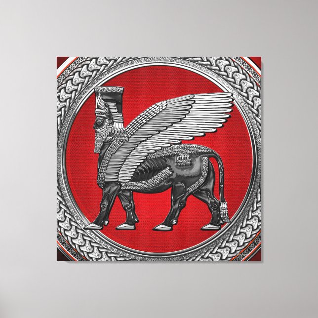 [901] Assyrian Winged Bull: Silver & Black Lamassu Canvas Print (Front)