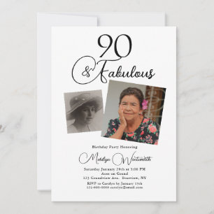 90 and Fabulous 90th Birthday Black Script Photo Invitation