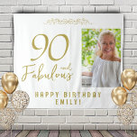 90 and Fabulous 90th Birthday Photo Backdrop Tapestry<br><div class="desc">Elegant Golden 90 and Fabulous 90th Birthday Photo Backdrop Tapestry. 90 and fabulous text in trendy golden script with photo and name. Personalize it with your photo,  your name and the age,  and make your own elegant birthday party backdrop for woman`s birthday party.</div>