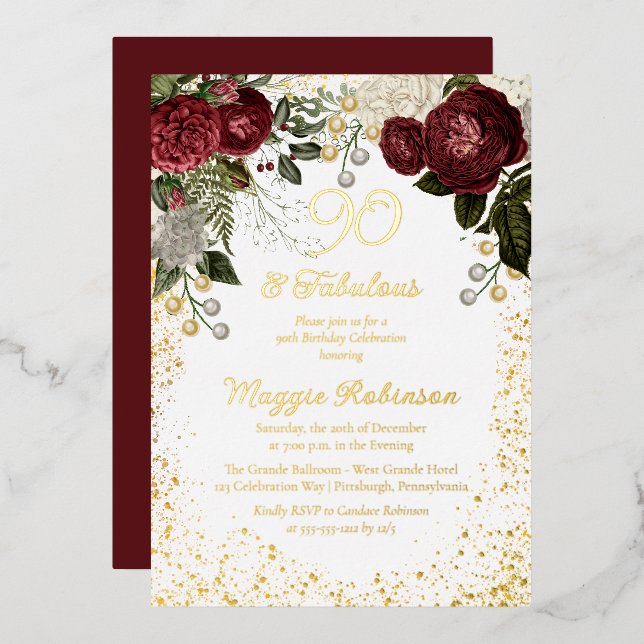 90 and Fabulous Glam Rose Floral Birthday Party (Front/Back)