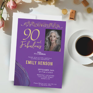 90 and Fabulous Gold Ornament 90th Birthday Photo  Invitation