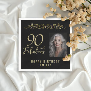 90 and Fabulous Gold Ornament 90th Birthday Photo Napkin