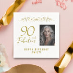 90 and Fabulous Gold Ornament 90th Birthday Photo  Napkin<br><div class="desc">90 and Fabulous Gold Ornament 90th Birthday Photo Napkins. 90 and fabulous text in trendy golden script with photo and name. Personalize it with your photo,  your name and the age,  and make elegant birthday party napkins for woman`s birthday party.</div>