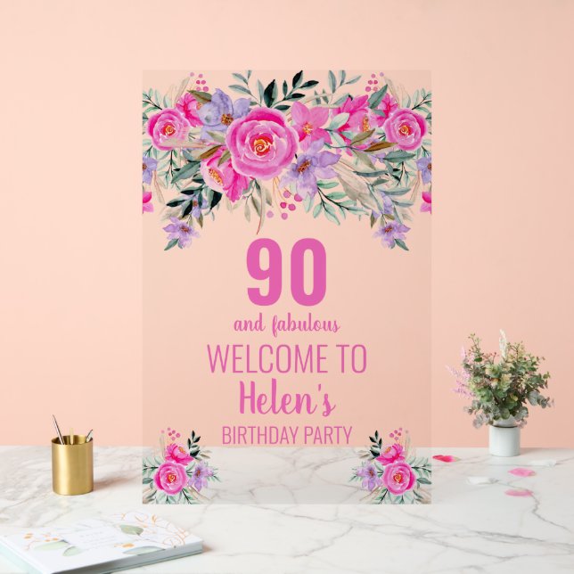 90 and fabulous pink elegant birthday party  acrylic sign (Wedding)