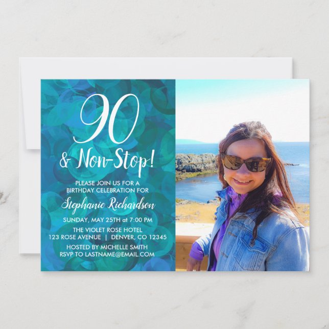 90 and Non-Stop Abstract Ocean Blue Photo Birthday Invitation (Front)