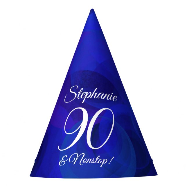 90 and Nonstop Elegant Royal Blue Birthday Party Hat (Front)
