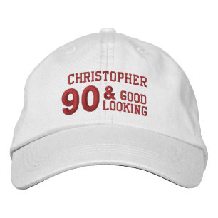 90 Birthday Going Strong WHITE and RED V01F6 Embroidered Hat
