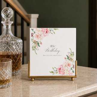 90 Birthday Party Pink Floral Custom Cocktail Napkin