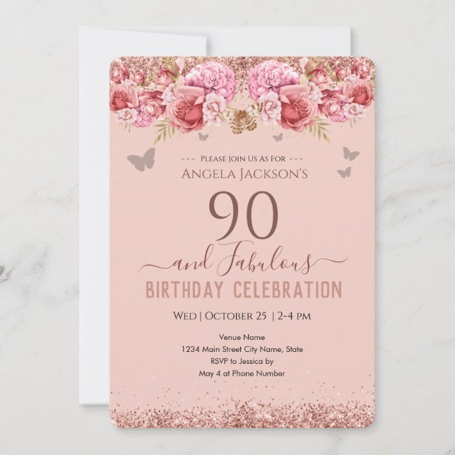 90 et fabuleux Adulte Anniversaire rose Invitation (Devant)