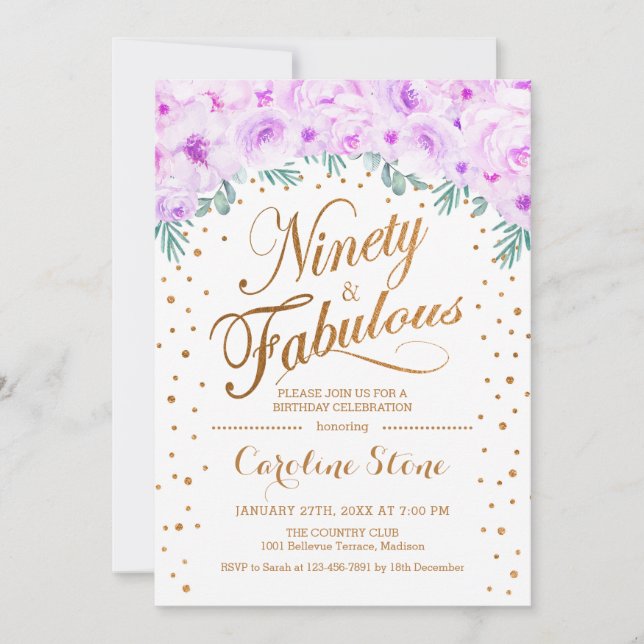 90 Fabulous Birthday Party - White Gold Purple Invitation (Front)