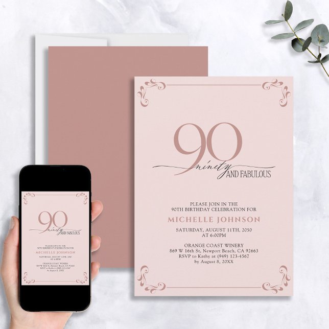 90 & Fabulous Blush Pink & Black Birthday Invitation (Creator Uploaded)