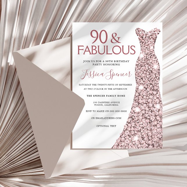 90 & Fabulous Rose Gold Dress 90th Birthday Party Invitation (Creator Uploaded)