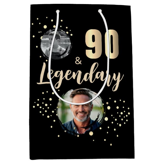 90 & Legendary 2 Photos 90th Birthday Gold Medium Gift Bag (Front)