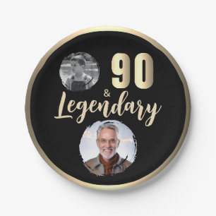 90 & Legendary 2 Photos 90th Birthday Gold Paper Plate