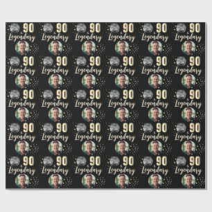 90 & Legendary 2 Photos 90th Birthday Gold Wrapping Paper