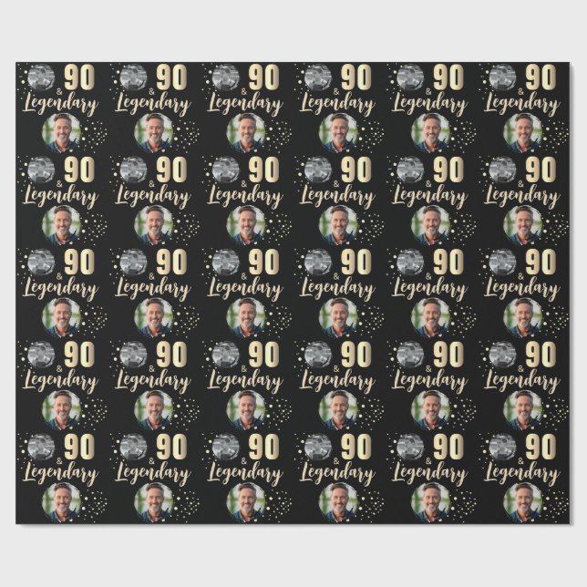 90 & Legendary 2 Photos 90th Birthday Gold Wrapping Paper (Flat)