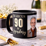 90 & Legendary Gold 90th Birthday Photo Mug<br><div class="desc">90 & Legendary Gold 90th Birthday Photo Mug. Celebrate 90th birthday with this elegant, customizable mug. Featuring bold, metallic gold-tone text '80 & Legendary', this design is ready for you to personalize with the name and photo. It's the perfect gift to honor a father, grandfather, or cherished friend reaching this...</div>